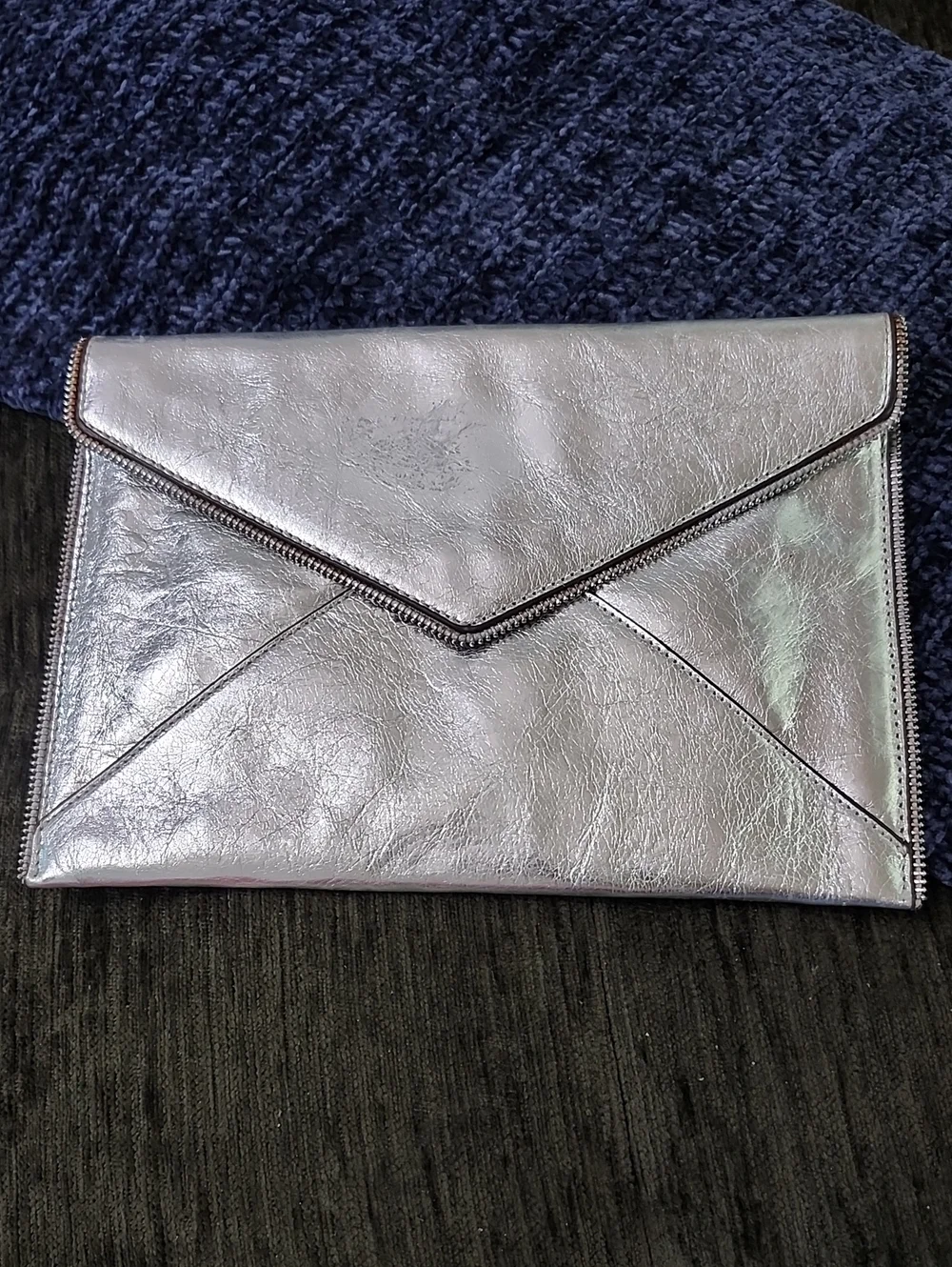 Rebecca Minkoff Silver Leather Envelope Clutch Metallic W/Zip Detail